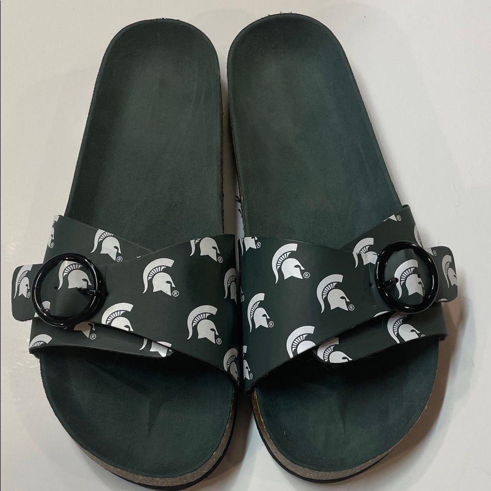 Michigan State Spartans Green Slide Sandals Buckle Strap Unisex Sz XL 11-12